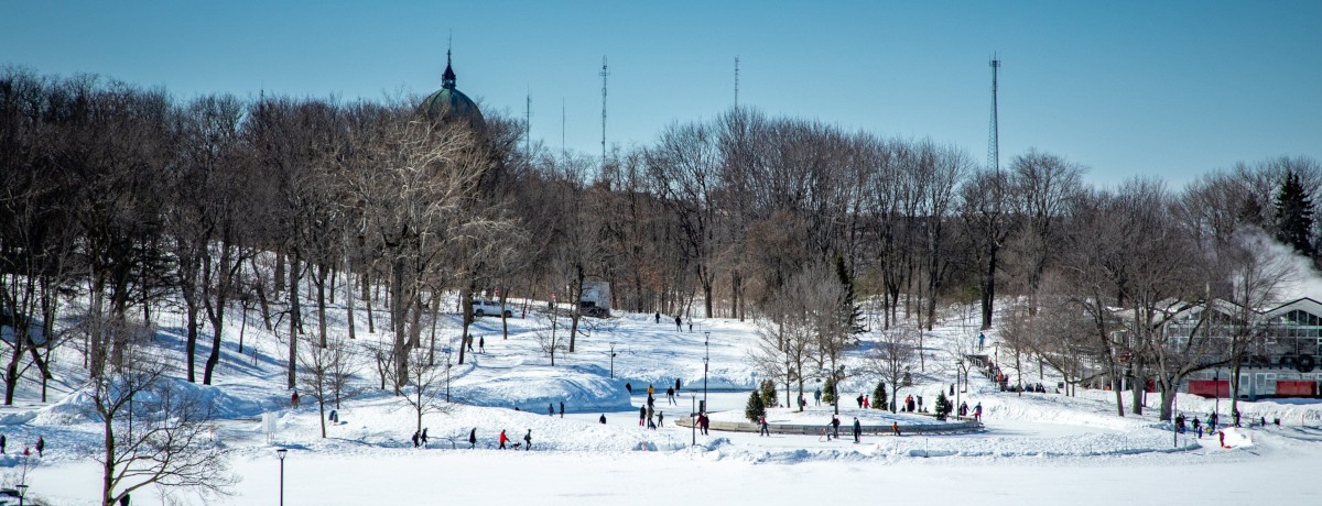 People skating outdoors on Beaver Lake rink in Montreal with snow-covered trees and Mount Royal in the background – Des personnes patinent sur la patinoire extérieure du Lac aux Castors à Montréal avec des arbres enneigés et le Mont Royal en arrière-plan.