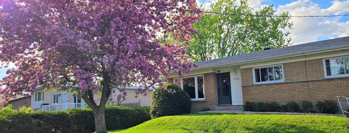 A charming brick house with a lush green lawn and a blooming pink tree on a sunny day. The sky is partly cloudy, creating a serene, inviting atmosphere. | Une charmante maison en briques, entourée d'une pelouse verdoyante et d'un arbre rose en fleurs, par une journée ensoleillée. Le ciel partiellement nuageux crée une atmosphère sereine et accueillante.