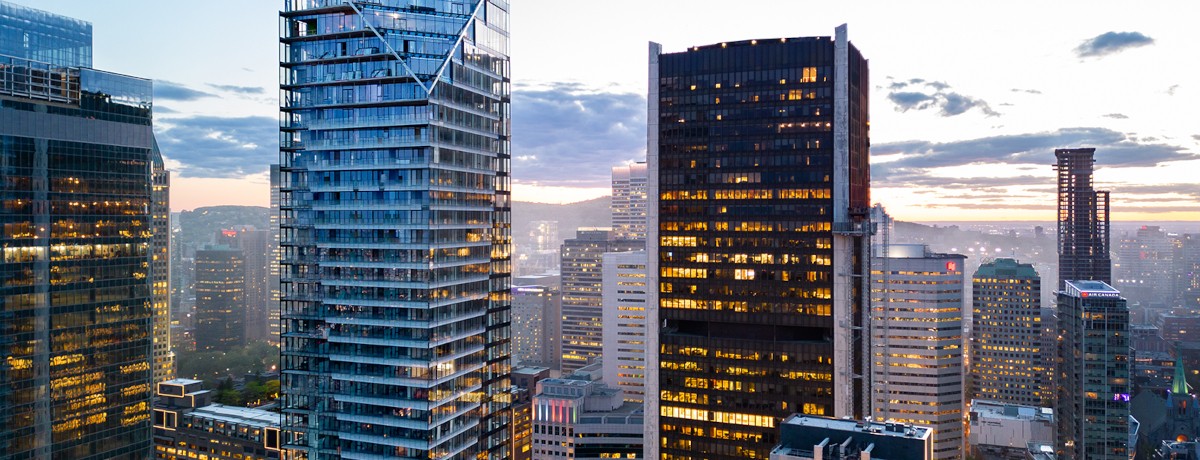Modern condominium buildings in Montreal representing the city's evolving condo market in 2026. Immeubles de copropriétés modernes à Montréal représentant l'évolution du marché des condos en 2026.